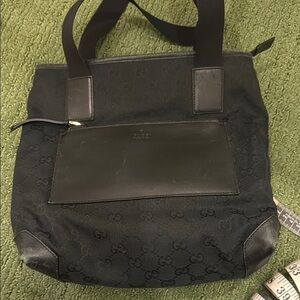 Gucci Black Tote Bag logo printed canvas and leather. Vintage